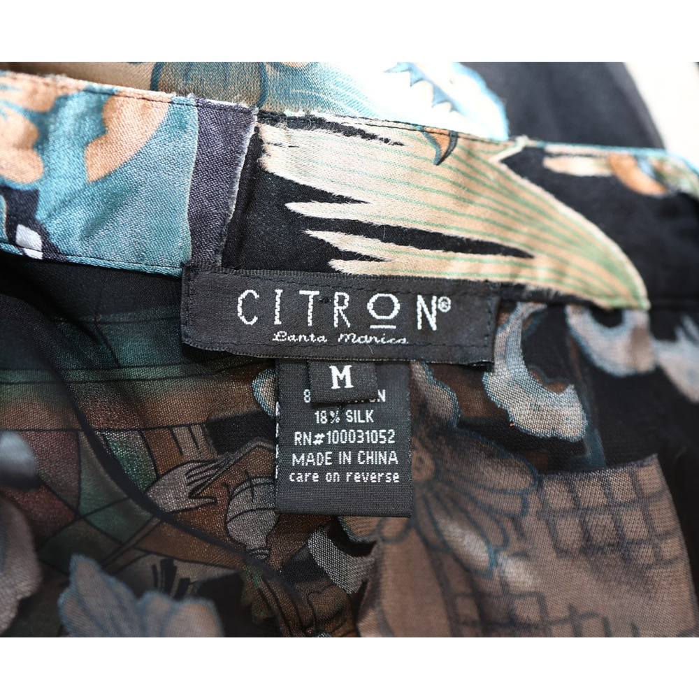 A4 Auth CITRON Santa Monica Floral Black Damask Silk Long Tunic Top Blouse Sz M - Picture 8 of 9